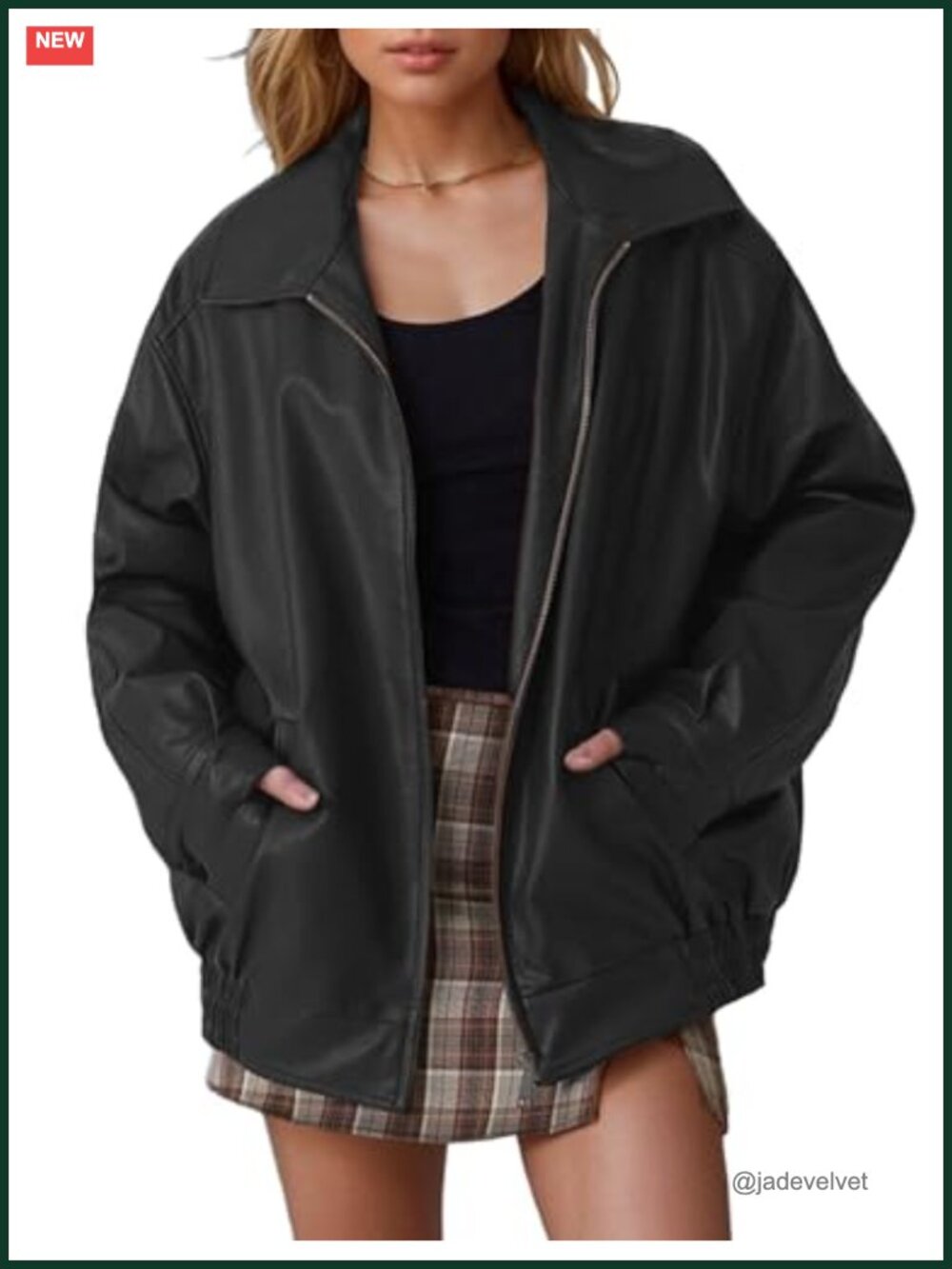 Oversized Faux Leather Motorcycle Bomber Jacket with Pockets